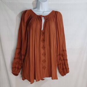 Women's Amuse Society Brown/Orange Hippie Boho Embroidered Accent Balloon Sleeve
